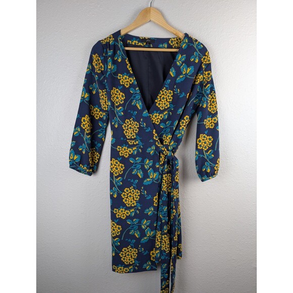 J CREW 0 Wrap Dress Navy Blue Golden Floral Print Knee Length Yellow V Neck 180 - Picture 2 of 8